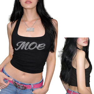 เสื้อกล้ามครอปท็อปผู้หญิง ผ้าคอตตอนริบบ์ แต่งโลโก้ตามสั่ง ประดับเพชร สไตล์ลำลอง สำหรับฤดูร้อน แขนกุด วิบวับ แฟชั่น Y2K เสื้อผู้หญิง สไตล์อเมริกัน - Product Image 1