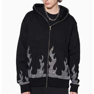 Sudadera con capucha negra para hombre con cremallera, estampado de llamas con pedrería, estilo urbano, corte oversize, manga regular, de algodón tejido, para otoño - Product Image 1