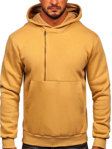 Men's Side Half Zip <b>Hoodie</b> Solid <b>Yellow</b> Fleece Sweatshirt with Kangaroo Pocket Casual Pullover - Product Image 5