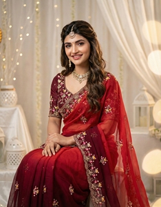 <b>Red</b> Silk Saree Embroidered <b>Blouse</b> Traditional Indian Wedding Wear for <b>Women</b> Floor-Length Regular Fit Sun Protection All Seasons - Product Image 2