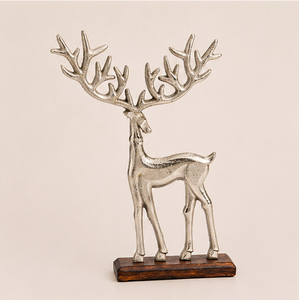 Handmade Silver Aluminium Reindeer Sculpture on Solid Mango Wood Base Elegant Standing Stag Figurine For <b>Christmas</b> Home Decor - Product Image 3