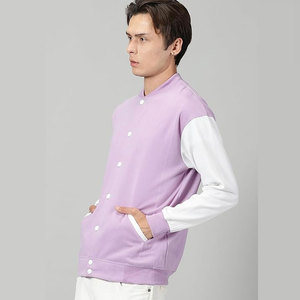Men's <b>Purple</b> White Sleeve <b>Varsity</b> <b>Jacket</b> Casual Solid Color Button Front Regular Fit Spring Wear - Product Image 2