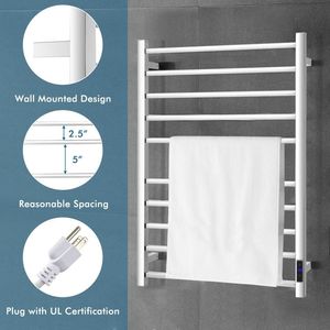 Scaldasalviette Elettrico da Parete a 10 Barre con Timer, Finitura Nichel Spazzolato per Bagno - Product Image 5