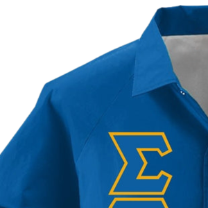 Veste boutonnée pour femme bleu roi avec lettres grecques brodées, lettres appliquées dorées et logo de blason universitaire personnalisé - Product Image 3