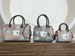 Bolso de piel auténtica hecho a mano Poker Ace Speedy, bolso de lona de piel de vaca grabado Floral occidental, bolso de hombro turquesa Vintage - Product Image 4