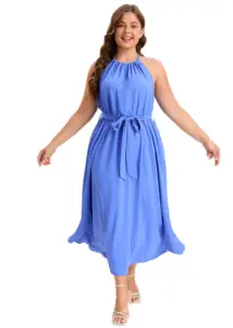 2023 VENDA QUENTE Mulheres personalizadas Plus Size Mulheres Vestido Bolso Cintura Elástica Cinto Flutter Hem Maxi Vestido de Festa