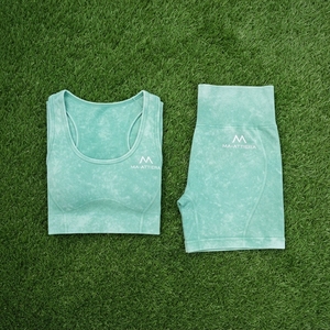 Women Mint <b>Green</b> Acid Wash Yoga <b>Set</b> Sports Bra High Waist Biker Shorts <b>Gym</b> Fitness Workout Activewear - Product Image 5
