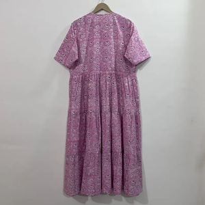 เดรสผ้าฝ้ายทอลายสไตล์ลำลองสำหรับผู้หญิง แขนทรงบอลลูน เอวทรงเอ็มไพร์ ทรงเบบี้ดอลล์ คอวีทรงโอเวอร์ไซส์ ทรงหลวม สไตล์อินเดีย แรงบันดาลใจจากราชสถาน - Product Image 2