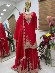 Ensemble Salwar Kameez brodé rouge pour femmes, tenue indienne pakistanaise, Kurta Palazzo Dupatta, vêtements de fête de mariage - Product Image 1