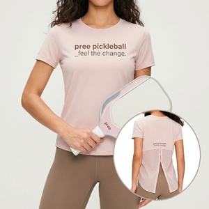 T-shirt de pickleball pour femme, dos en mesh, coupe ajustée, col rond, manches courtes, design ventilé zoné, tissu respirant. - Product Image 1