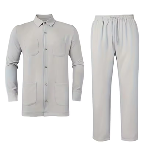 Men's Casual Knitted Winter Long-Sleeved Shirt Set Turn-Collar Single-Breasted Buttons Pocket Top Drawstring Elastic Waist - Product Image 1