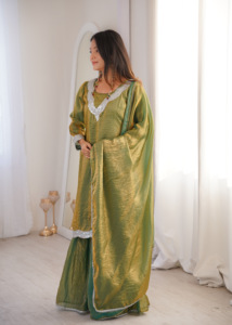 Elegant Fendy <b>Silk</b> <b>Kurta</b> Sharara Ensemble With Lace Neck Design Flowing Bottom Coordinated Dupatta Womens Occasion Fashion - Product Image 4