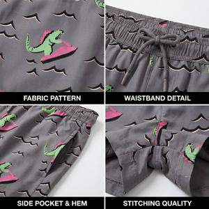 Shorts de bain pour hommes à séchage rapide avec doublure de compression intégrée, imprimé dinosaure de dessin animé, short de plage, usine de vêtements Sialkot - Product Image 6