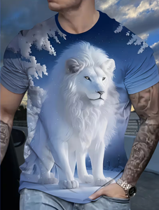 Camiseta de Hombre con Estampado de León Blanco, Manga Corta, Cuello Redondo, Informal, con Gráfico, Corte Regular, Estampado Fotográfico, Tejido de Poliéster, Top de Moda - Product Image 5