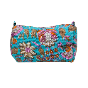 Chic Block Print Floral Cosmetic Bag-Pochette durable bleue et orange - Product Image 1
