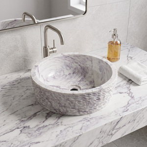 Modern <b>Round</b> Marble Vessel <b>Sink</b> with Drainer Countertop Mounted <b>Bathroom</b> Vanity Basin - Product Image 1