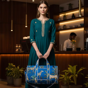 กระเป๋าเดินทางผ้าฝ้ายพิมพ์ลายสัตว์ป่าสีน้ำเงิน กระเป๋าสะพายไหล่ขนาดใหญ่สำหรับวันหยุดสุดสัปดาห์ พร้อมช่องด้านหน้า - Product Image 2