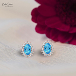 Natural 6X4MM Oval Cut Swiss Blue Topaz Gemstone Bridal <b>Stud</b> Earrings White Diamond Halo Earrings Wedding Jewelry Manufacturer - Product Image 1