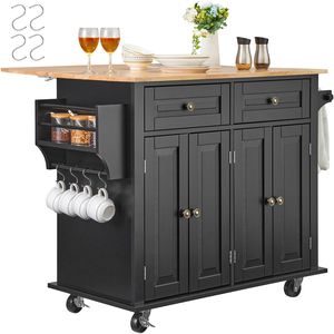43\" Wood Top Kitchen <b>Island</b> Cart with Adjustable Storage Cabinet Rolling <b>Table</b> Drop Leaf Spice Rack Towel Bar - Product Image 1
