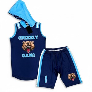 Ensemble de maillot de basket Grizzly Gang, débardeur à capuche sans manches et short imprimé 100% polyester, logo ours bleu, pour adultes unisexe - Product Image 1
