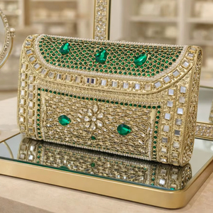 Green Brass Metal <b>Frame</b> Rectangle Pattern Pearl Rhinestone Embellished Bridal Clutch Magnetic Closure Satin Lining Gift - Product Image 2