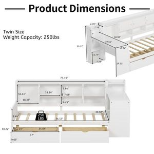 Letto a giorno a forma di L in legno per bambini con 7 armadietti e 2 cassetti, letto multifunzionale con scrivania - Product Image 3