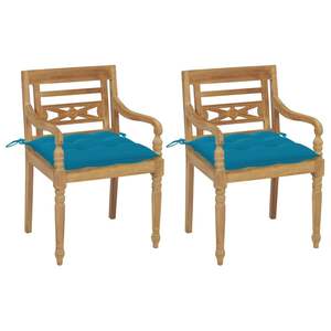 2 chaises Batavia en bois de teck massif avec coussins bleu clair, mobilier d'extérieur haut de gamme - Product Image 1