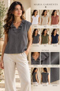 Débardeur gris à volants et col en V pour femme, coupe ample, en satin tissé, design simple, 100 % lin, vente en gros, fournisseur de vêtements d'été OEM - Product Image 6