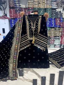 Ensemble de vêtements indiens pakistanais brodés de luxe pour femmes, Salwar Kameez Dupatta, style velours, sans plis, printemps/hiver, pour mariage - Product Image 6