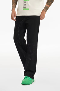Jean en denim pour homme 2026 de haute qualité, personnalisé, noir délavé, avec strass, coupe large, style streetwear décontracté, hip-hop, Y2K, OEM ODM, en coton - Product Image 1