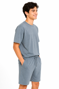 Conjunto de Camiseta y Pantalones Cortos Oversize para Hombre, Estilo Casual de Verano, Mezcla de Algodón, Ajuste Relajado, Ropa de Descanso, Color Liso - Product Image 3