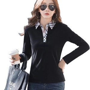 Camiseta de verano transpirable de manga larga de moda de gama alta para mujer para cuello a cuadros Casual hecho a medida tamaño 100% Jersey de algodón - Product Image 3