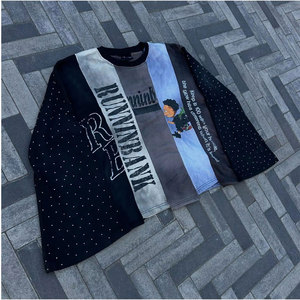 Custom Men's Knitted Oversized T-<b>Shirt</b> Custom <b>Patchwork</b> Graphic Streetwear Cartoon Print Mixed Panels Rhinestone Dot Sleeve - Product Image 2