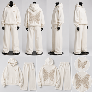 Premium Oversized <b>Cream</b> Butterfly Embroidered Hoodie Wide Leg Sweatpants Tracksuit Unisex Luxury <b>Fleece</b> Set OEM ODM Fashion - Product Image 2