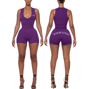 Conjunto de 2 piezas para mujer, top morado liso y shorts ajustados con cuello cuadrado, ropa de club con logo personalizado, conjunto de 2 piezas para mujer - Product Image 5