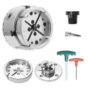 Mandrin de tour à bois à 3 mors de 4 pouces, auto-centrant, avec jeu d'engrenages coniques et adaptateur fileté 1'' x 8TPI - Product Image 1