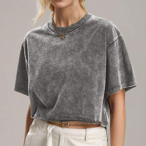 Vintage Streetwear High Quality <b>Drop</b> Shoulder Summer Women's T-shirts <b>Acid</b>-washed Style Knitted Fabric Custom Logo crop top - Product Image 4