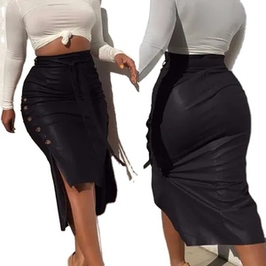 Jupes en cuir respirantes brodées de dentelle pour femmes, taille naturelle, ceinture boutonnée, décontractées, haute qualité, écologiques - Product Image 2
