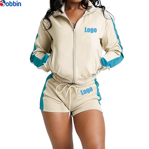 Ensembles de survêtements courts d'été Hip Hop pour femmes, 2 pièces, veste à fermeture éclair et shorts, 100% coton respirant, séchage rapide, écologiques, manches longues - Product Image 3