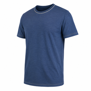 Camiseta Personalizada de Cuello Redondo en Algodón Azul Marino con Ribete en Contraste y Doble Costura, Manga Corta, Ropa Casual para Hombre, Venta al Por Mayor - Product Image 3