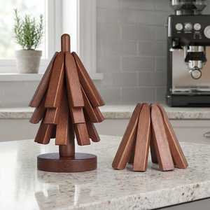 Premium Quality Wooden Tree <b>Trivet</b> Coaster Foldable Hot Dish Stand Natural Wood Kitchen Table Protector - Product Image 3
