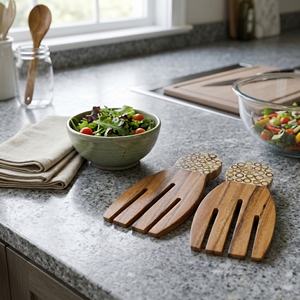 Utensilios de Cocina de Madera de Suar de Grado Alimenticio, Forma de Mano con Incrustaciones de Bambú Blanco, Color Marrón Claro, Elegantes y de Primera Calidad - Product Image 3