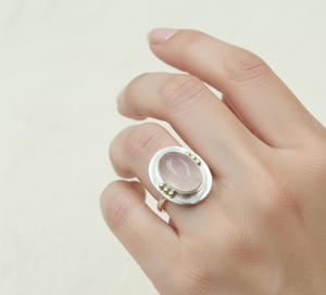 unique Rose Quartz Oval Ring 925 Sterling Silver Rose Gold Yellow Gold Plated Handmade Brass Ball Designer Statement Jewelry - Product Image 3