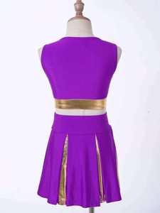 Purple Cheerleading Uniform Set With <b>Metallic</b> <b>Gold</b> Trim Cheer Crop <b>Top</b> Pleated Skirt Matching Pom Poms Girls Team Outfit - Product Image 6
