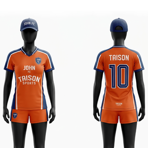 เสื้อฟุตบอลโพลีเอสเตอร์พรีเมียม 180 GSM สีส้ม-น้ำเงิน ดีไซน์แถบข้าง พร้อมบริการสกรีนโลโก้ตามสั่ง - Product Image 1