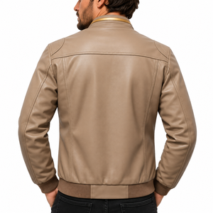 Blouson aviateur en cuir véritable beige pour homme, col montant, fermeture éclair, respirant, coupe-vent, écologique, style motard - Product Image 5