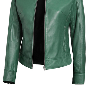 Women's Genuine Leather Moto <b>Jacket</b> Stand Collar Full Sleeve Zipper Closure Autumn Solid Color <b>Biker</b> <b>Jacket</b> - Product Image 6