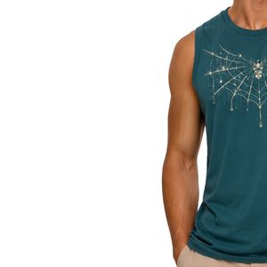 Débardeur sans manches bleu sarcelle avec imprimé graphique toile d'araignée, gilet en coton personnalisé pour homme, col rond, mode streetwear décontractée d'été - Product Image 3