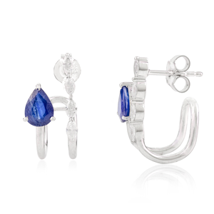 14K White Gold Modernist Blue Sapphire Diamond Huggie <b>Earrings</b> - Product Image 4