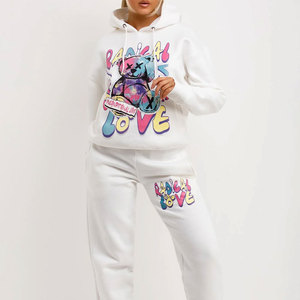 Ensemble de survêtement blanc à capuche pour femme, motif ours imprimé, manches longues, coupe ample, taille élastique, 100 % coton, tenue décontractée printemps - Product Image 6